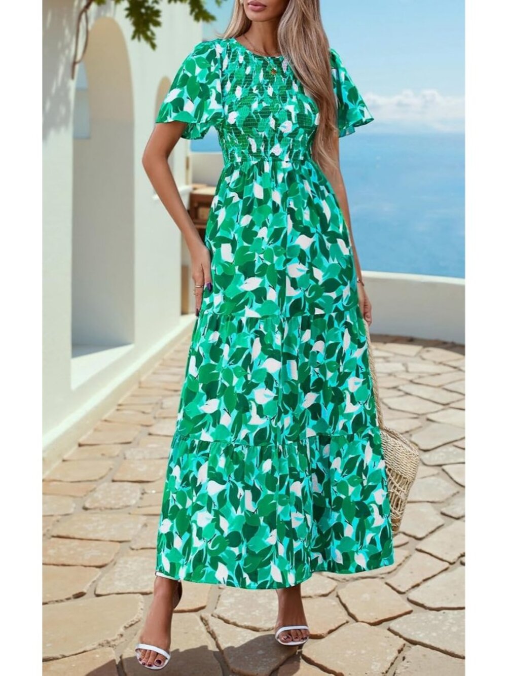 Women's Green Flutter Short Sleeve Boho Floral Maxi Crew Neck Tiered Long Dress - Picture 3 of 5